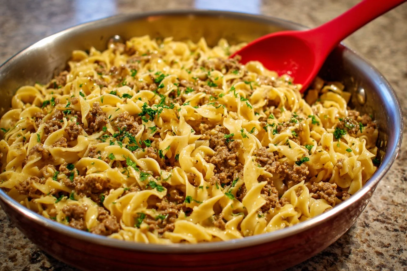 Delicious 30-minute ground beef stroganoff served on a plate