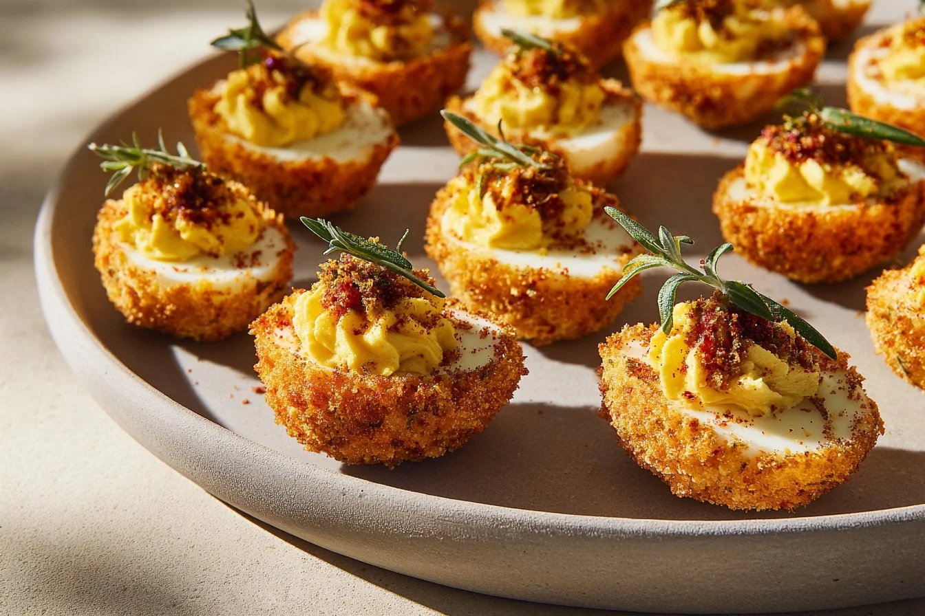 Plate of air fryer deviled eggs topped with paprika and herbs