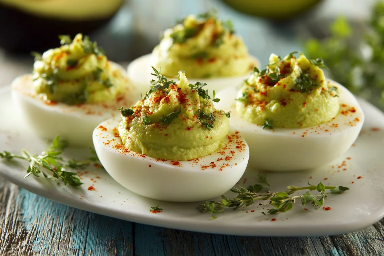 Avocado deviled eggs topped with paprika and herbs on a serving plate
