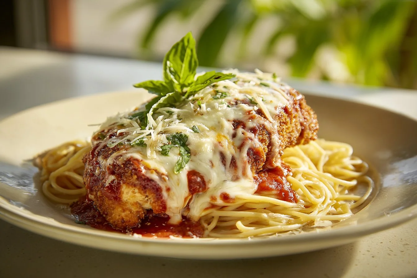 Baked Chicken Parmesan served with marinara sauce and melted cheese