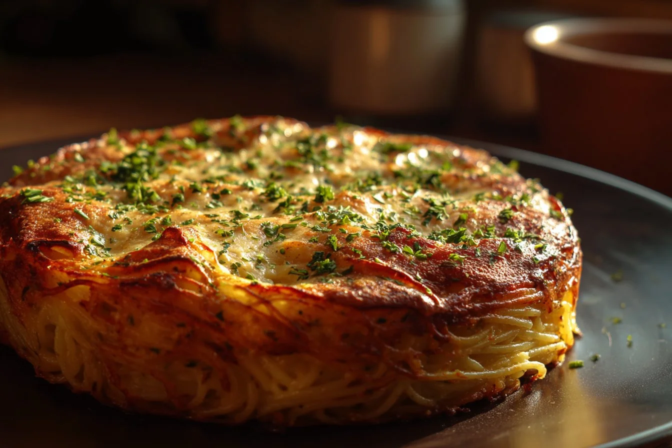 Baked Cream Cheese Spaghetti Casserole dish with creamy topping.