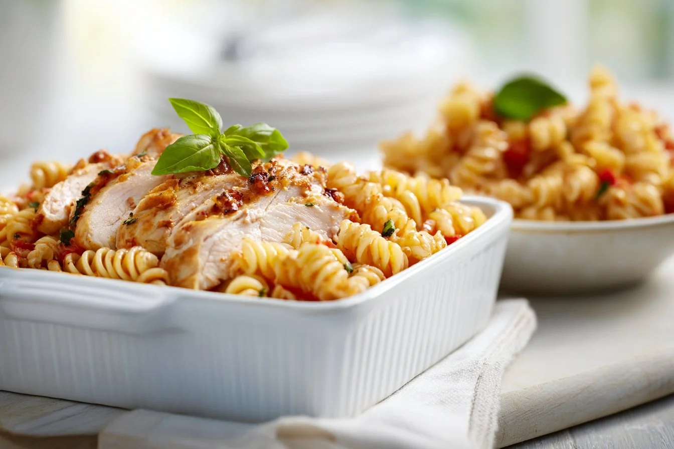 Baked Feta Chicken Pasta with cherry tomatoes and basil in a serving dish