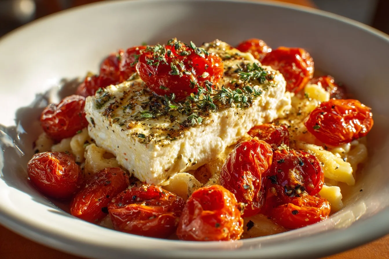 A creamy baked feta pasta dish topped with fresh herbs and tomatoes