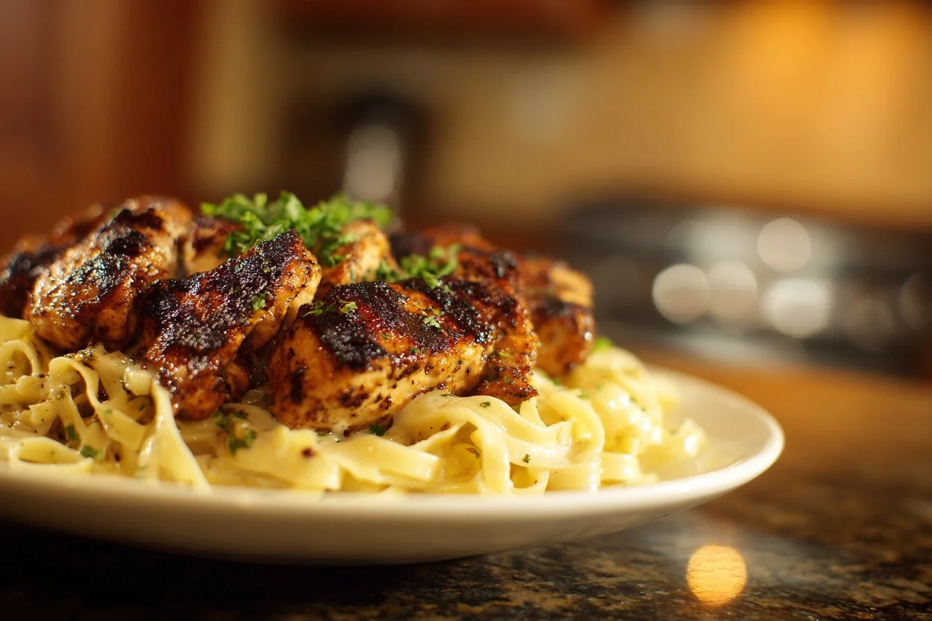 Delicious plate of Blackened Cajun Chicken Alfredo with creamy sauce and spices
