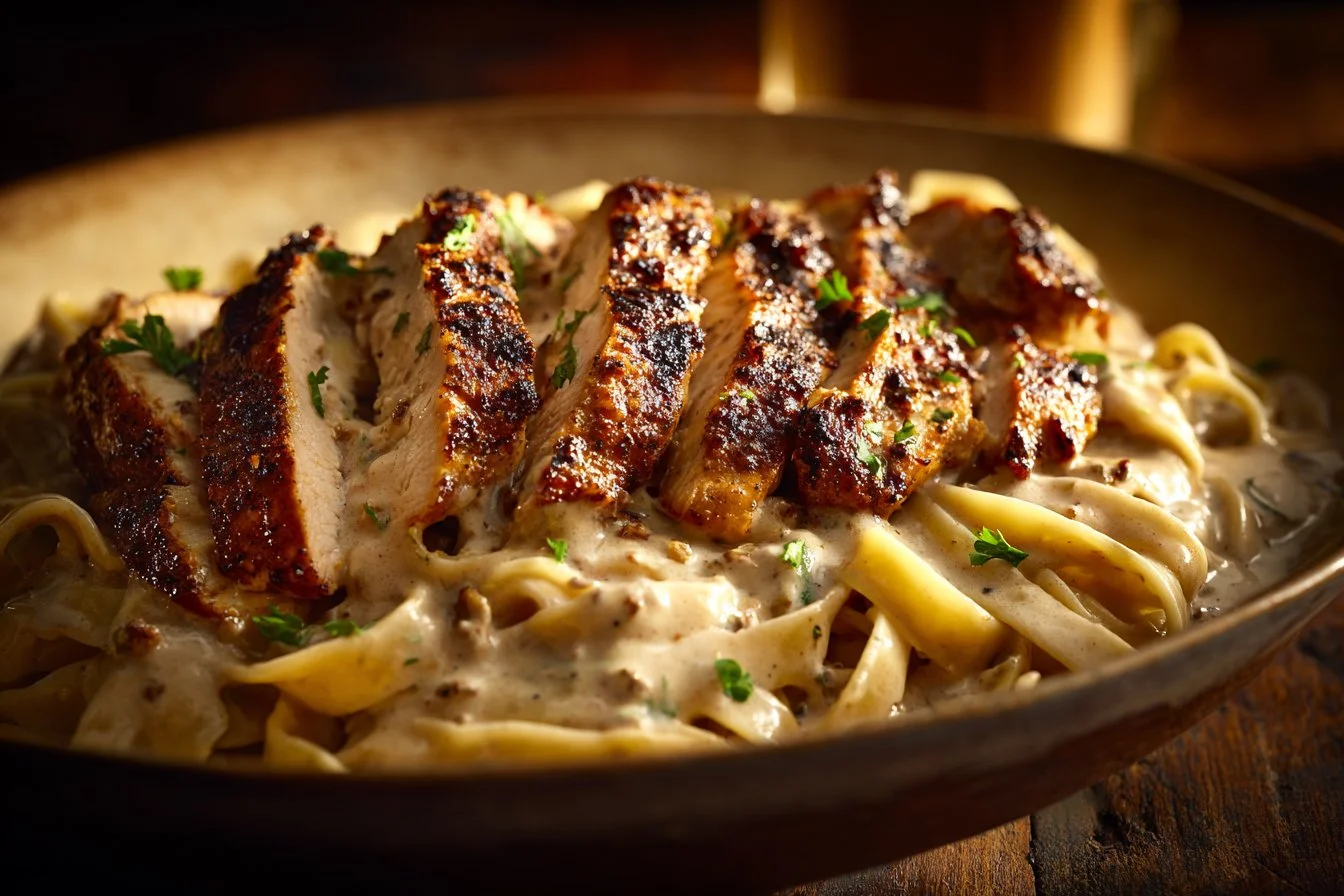 Delicious Blackened Cajun Chicken Alfredo served in a creamy sauce