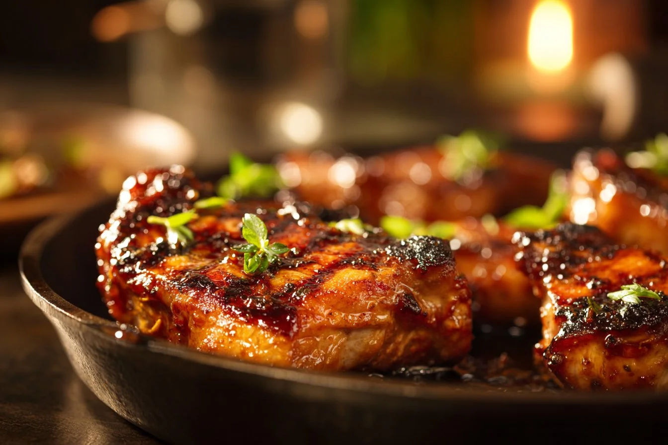 Deliciously cooked boneless pork chops on a plate with herbs and spices.
