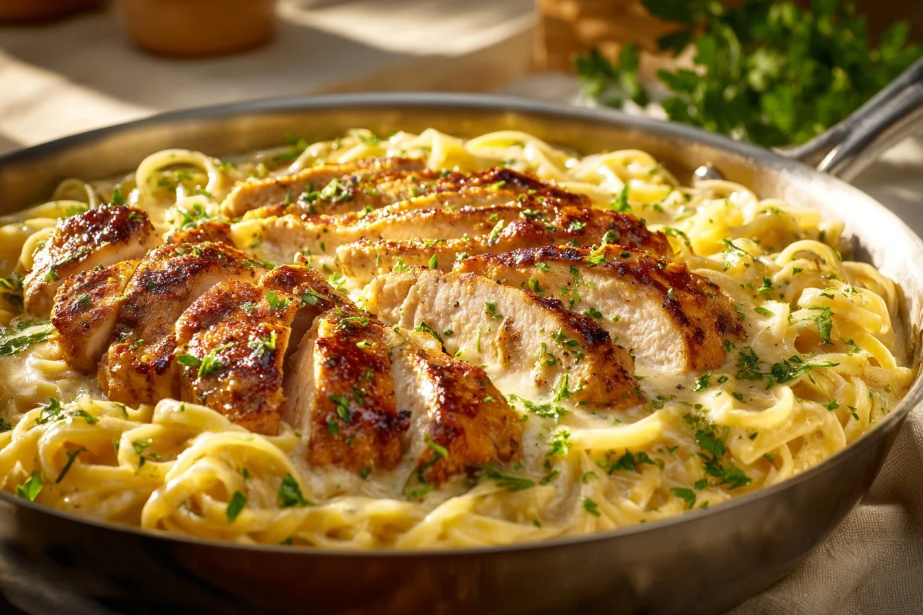 Cajun Chicken Alfredo pasta dish with spicy seasoning and creamy sauce