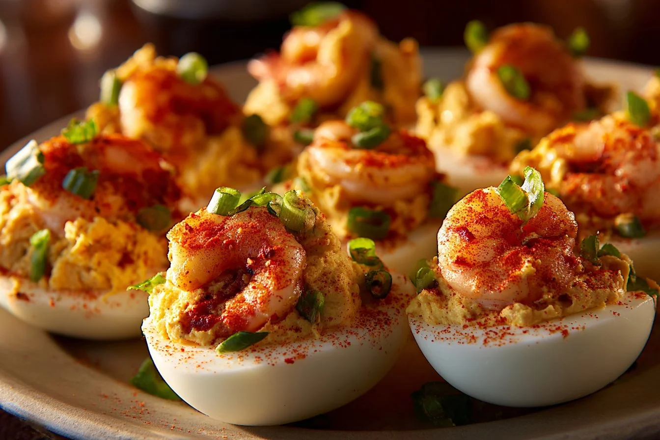Delicious Cajun Shrimp Deviled Eggs garnished with herbs