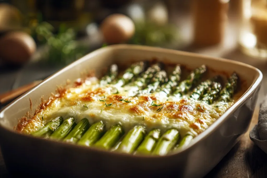 Cheesy baked asparagus dish topped with melted cheese and spices