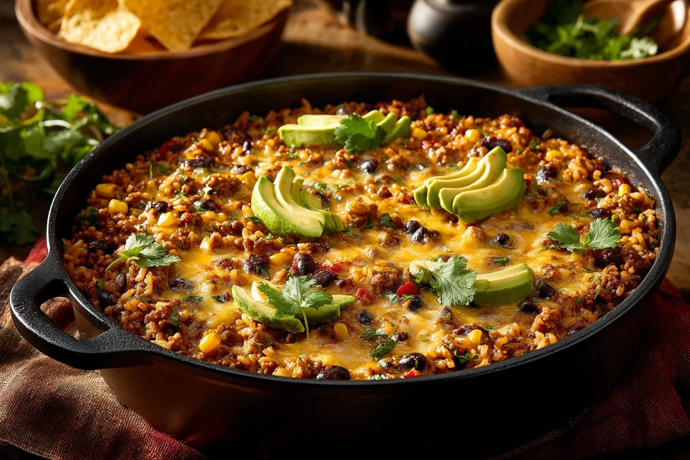 Cheesy taco rice skillet dish with melted cheese and fresh toppings