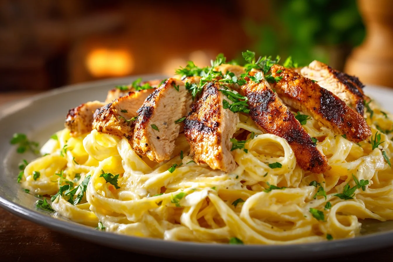 Delicious Chicken Alfredo pasta served with grilled chicken and creamy sauce