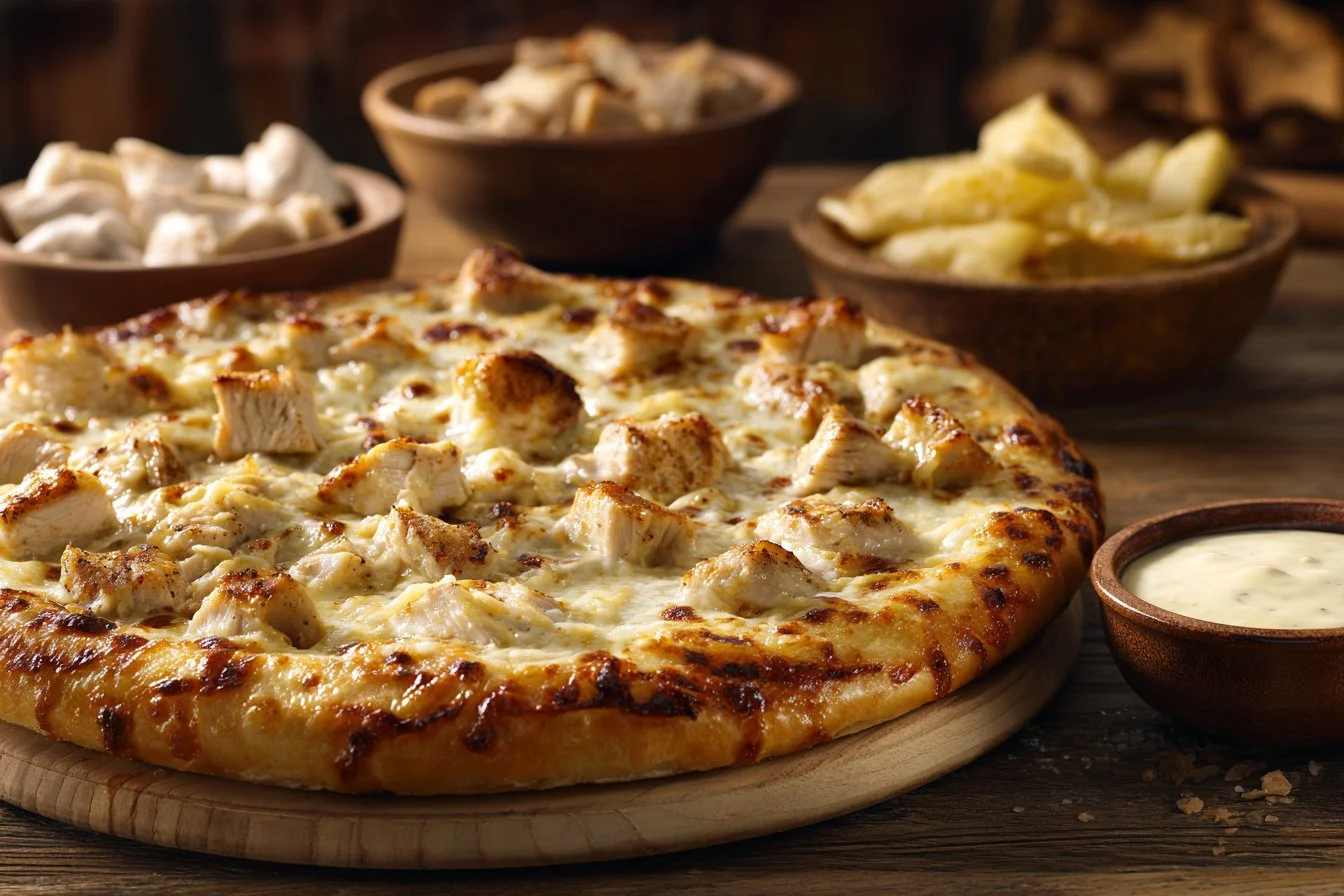 Delicious Chicken Alfredo Pizza topped with creamy sauce and chicken pieces