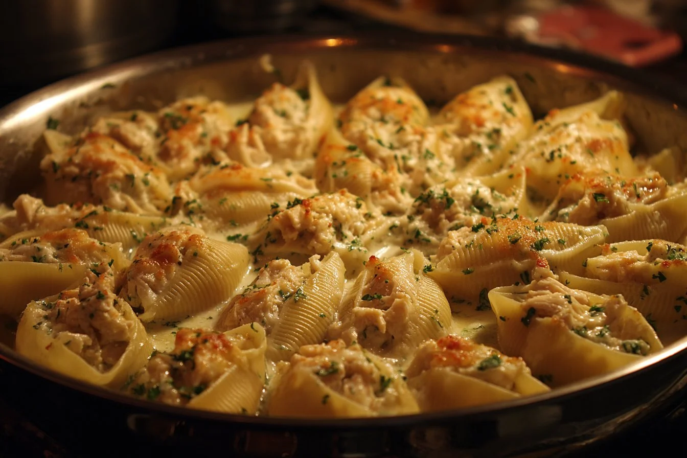 Delicious Chicken Alfredo Stuffed Shells filled with creamy chicken and cheese
