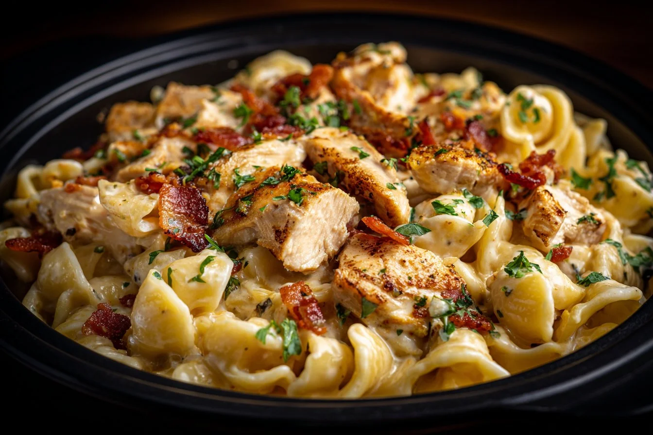 Delicious bowl of Chicken Bacon Ranch Pasta topped with crispy bacon