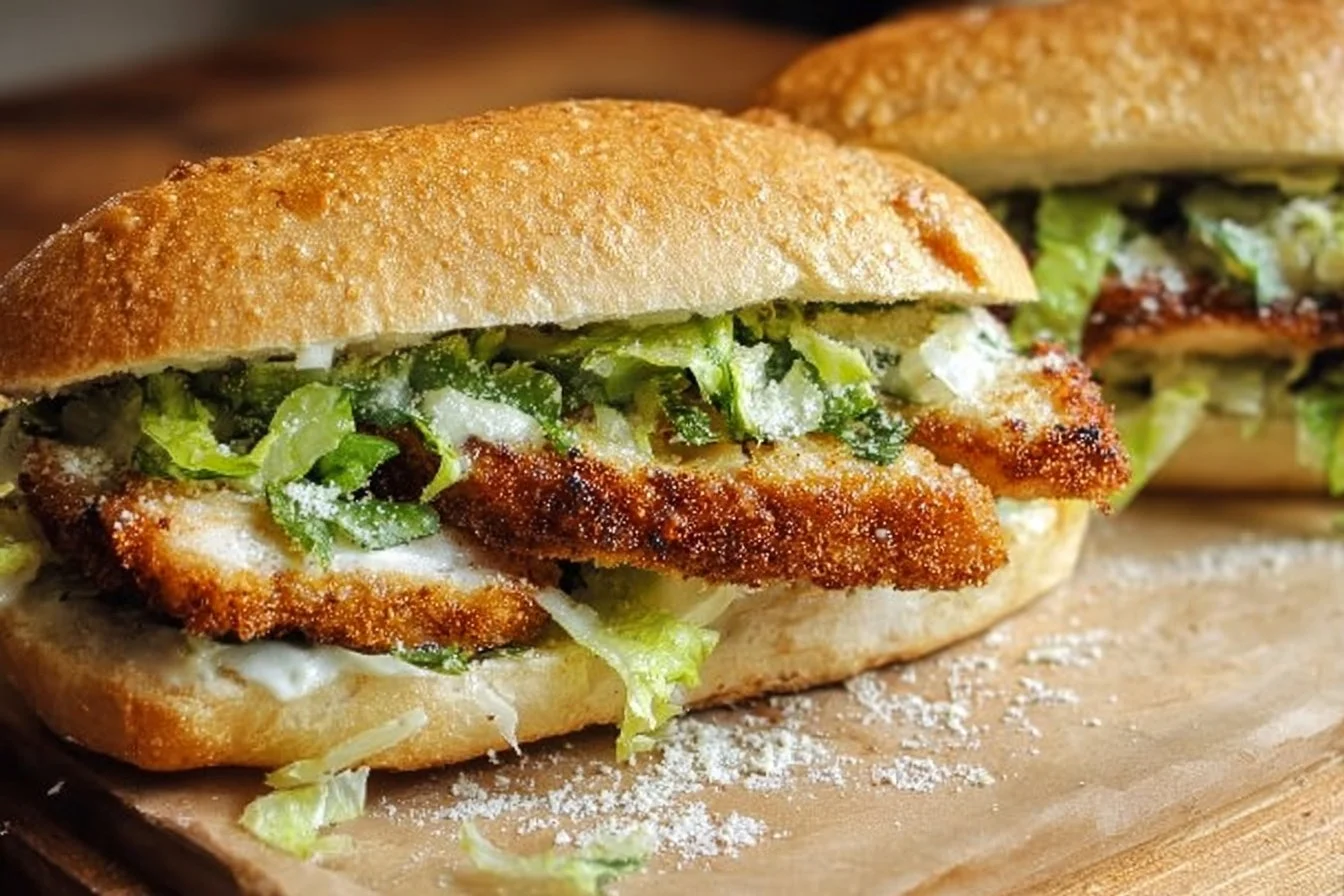 Chicken Caesar Sandwiches feature well-seasoned, crispy chicken, Caesar salad, and Parmesan cheese layered on soft bread.