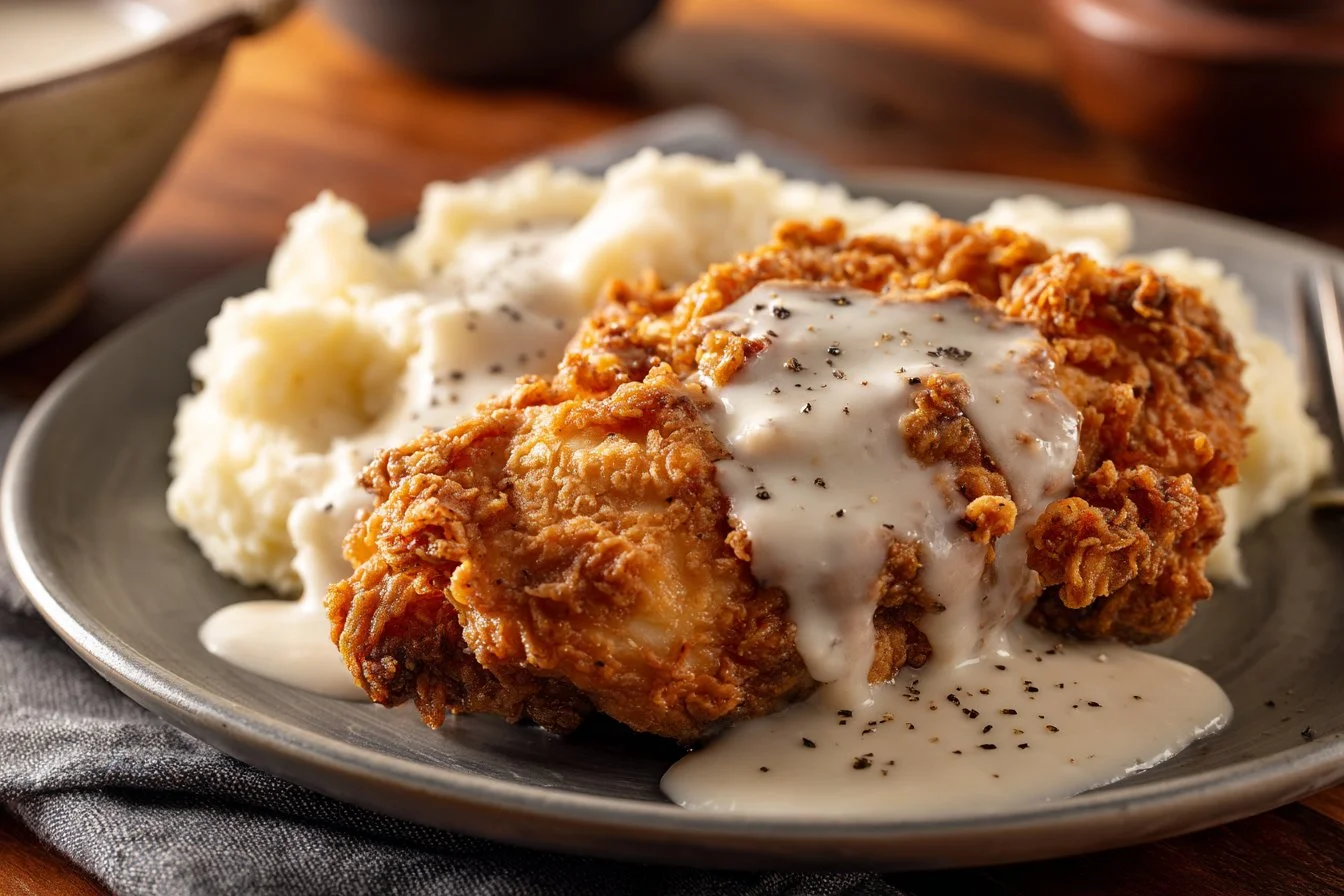 Delicious plate of Chicken Fried Chicken with gravy and sides