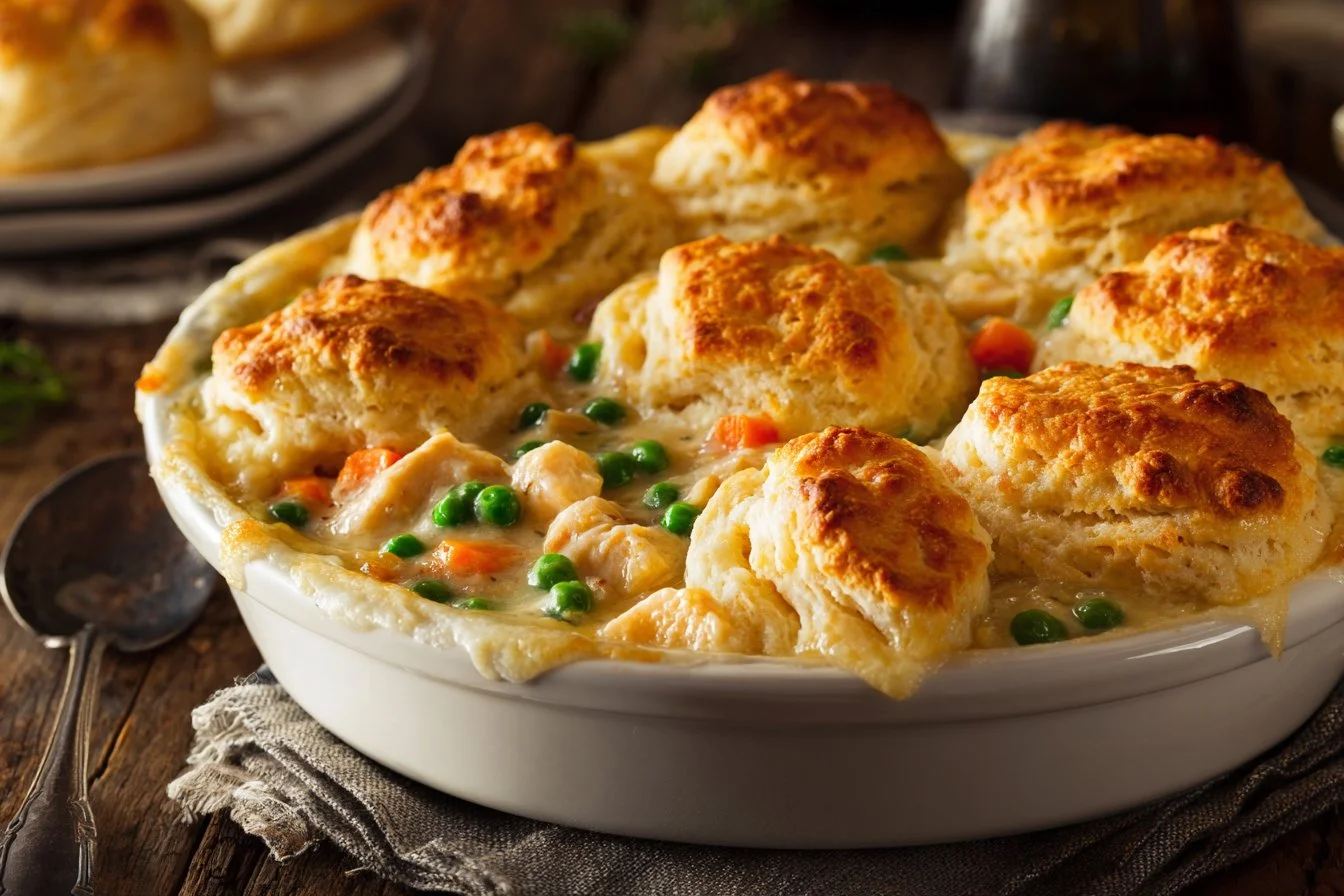 Delicious chicken pot pie casserole with flaky crust and savory filling
