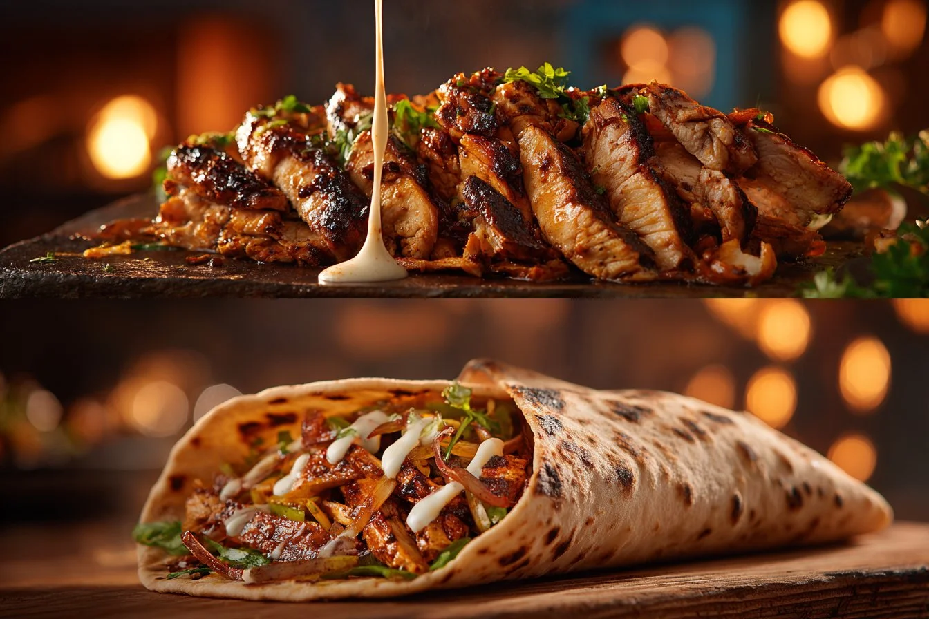 Delicious Chicken Shawarma served with creamy garlic sauce on a plate.