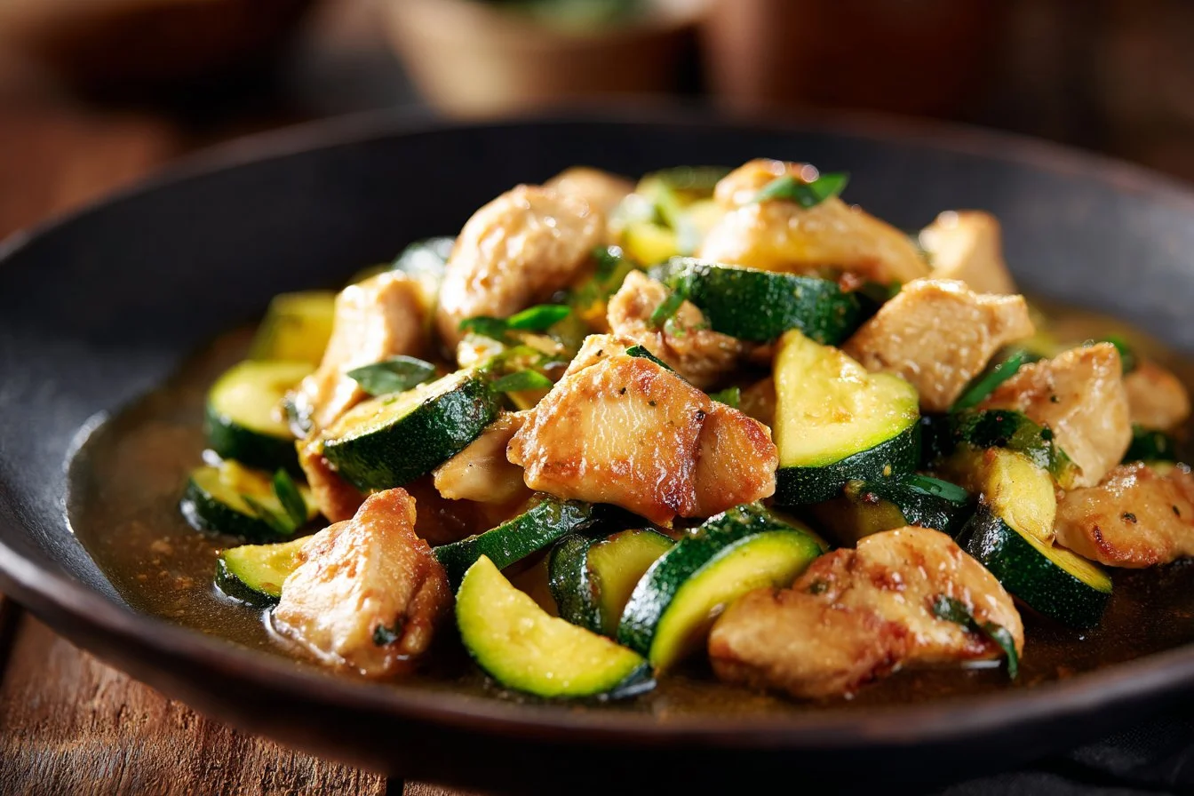Healthy Chicken Zucchini Stir Fry with colorful veggies and rice
