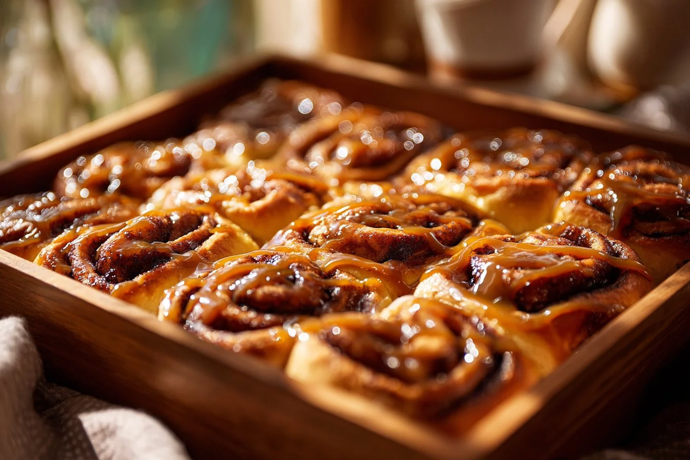 Freshly baked chocolate cinnamon rolls topped with icing on a plate