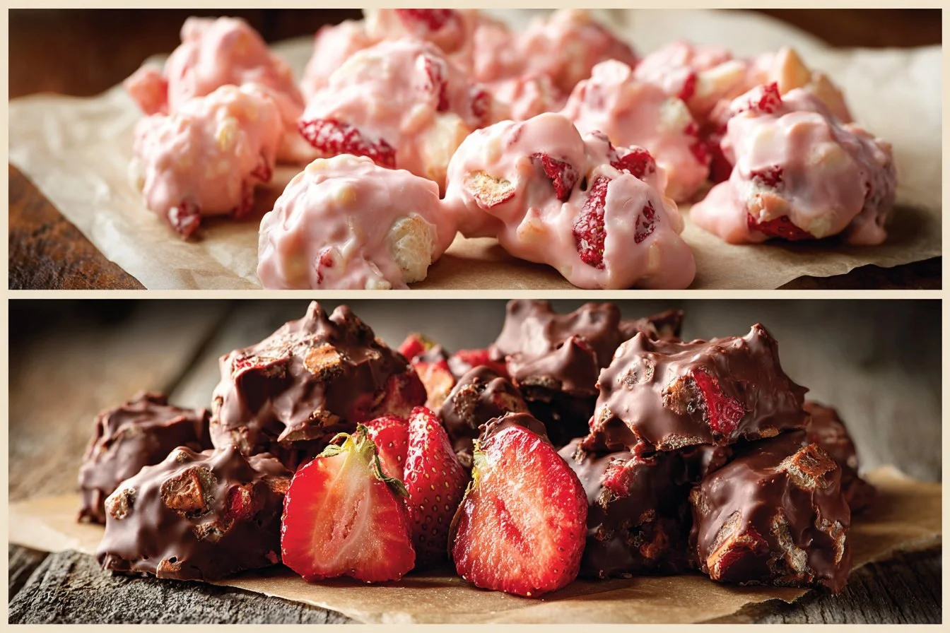 Chocolate strawberry yogurt clusters recipe with fresh strawberries and creamy yogurt.