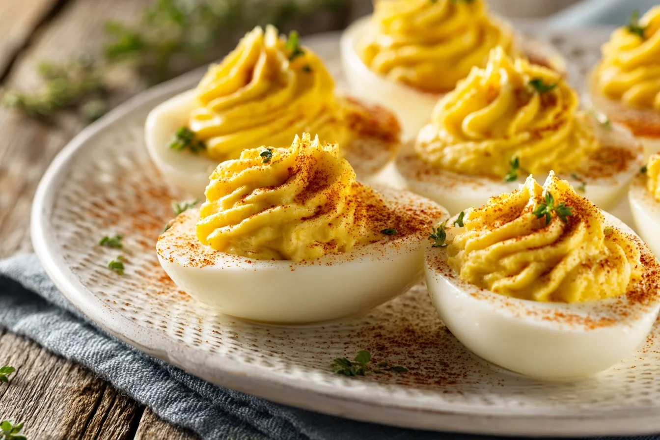 Classic deviled eggs garnished with paprika and herbs on a serving platter