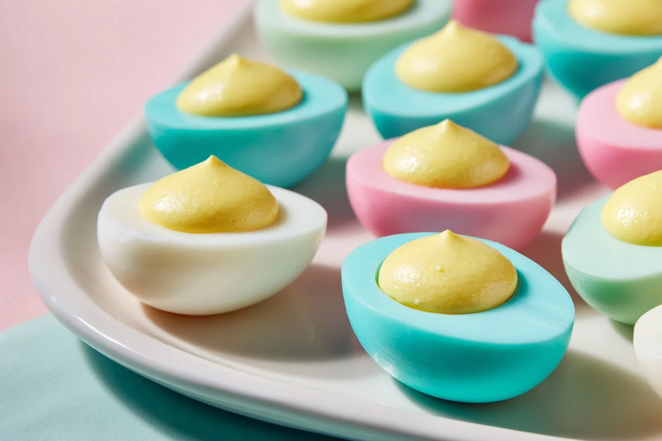 Vibrant colored deviled eggs on a plate for Easter celebration