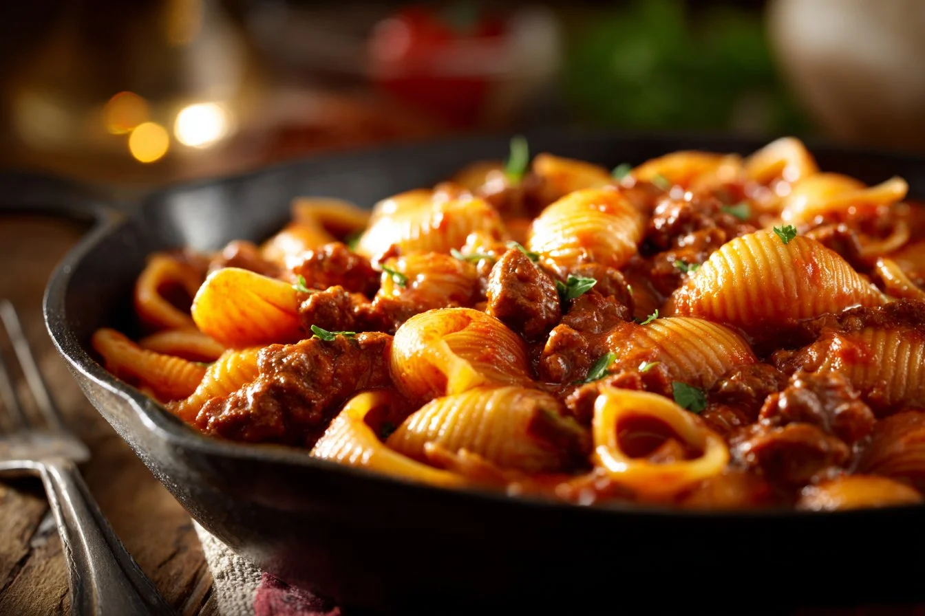 Delicious creamy beef and shells pasta served in a bowl.
