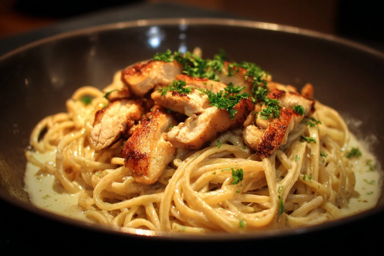 Delicious creamy Cajun chicken pasta served in a bowl with herbs
