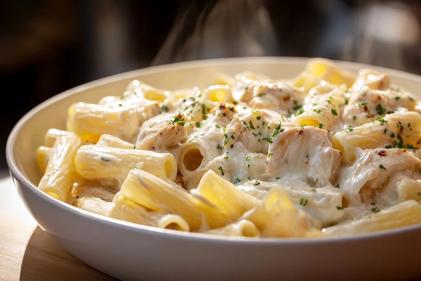 Creamy Chicken Alfredo Ziti casserole in a baking dish ready to serve