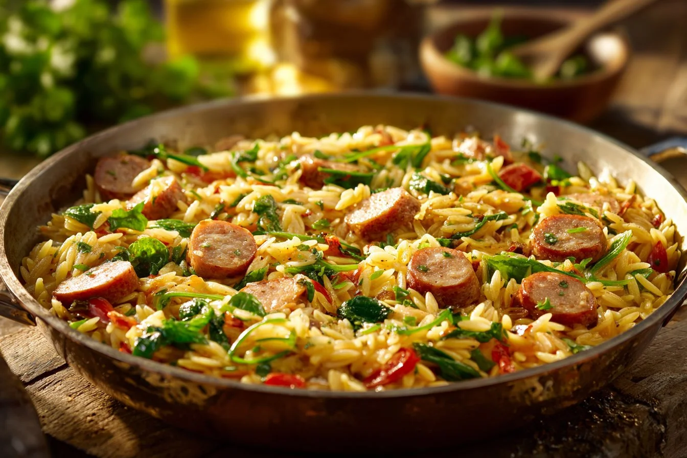 Creamy chicken sausage orzo dish with fresh herbs and vegetables