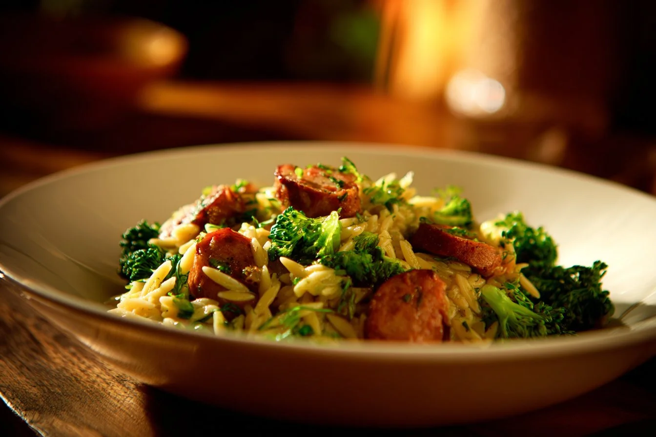 Delicious creamy chicken sausage orzo in a bowl, garnished with herbs