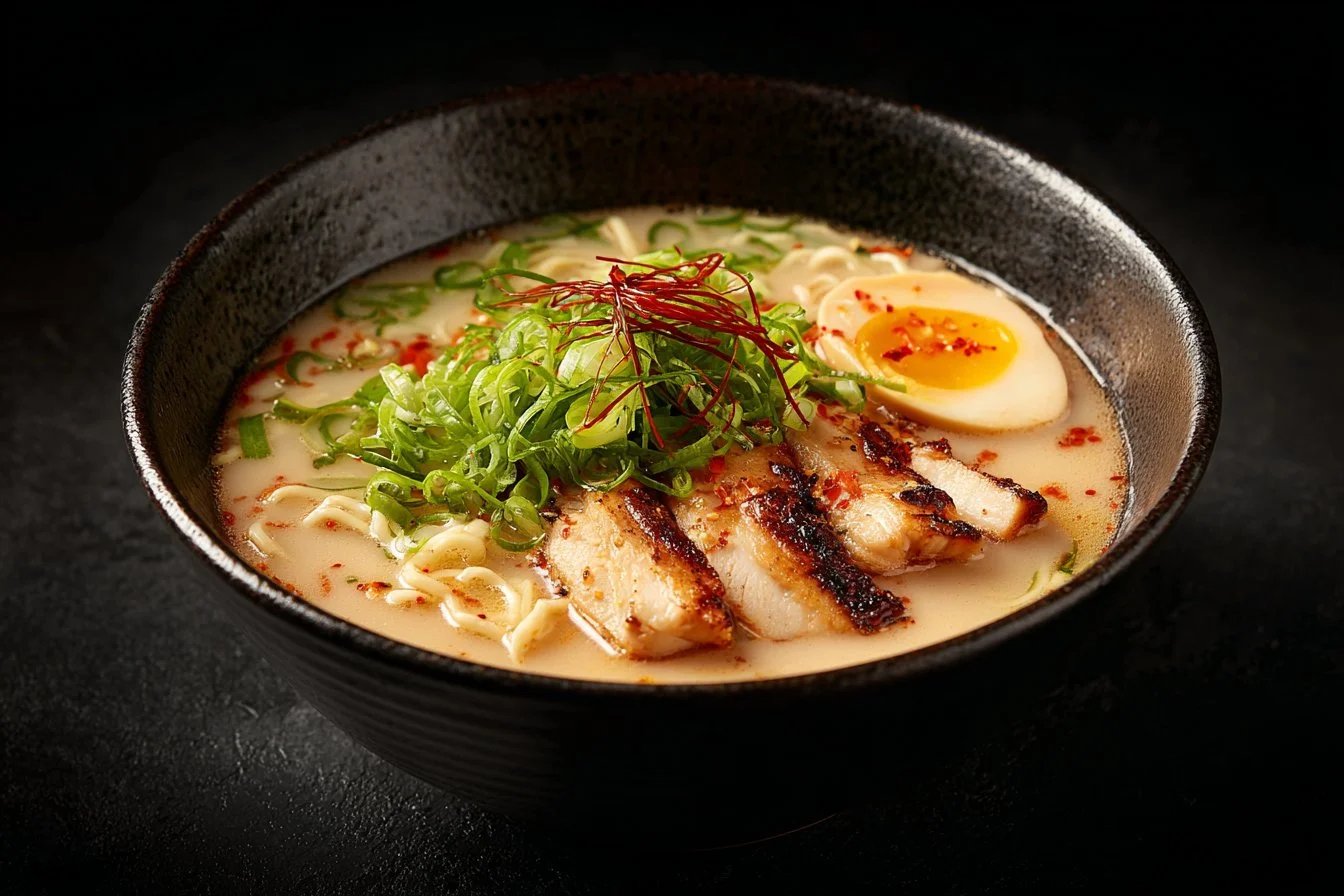 Bowl of creamy garlic chicken ramen with fresh herbs and vegetables