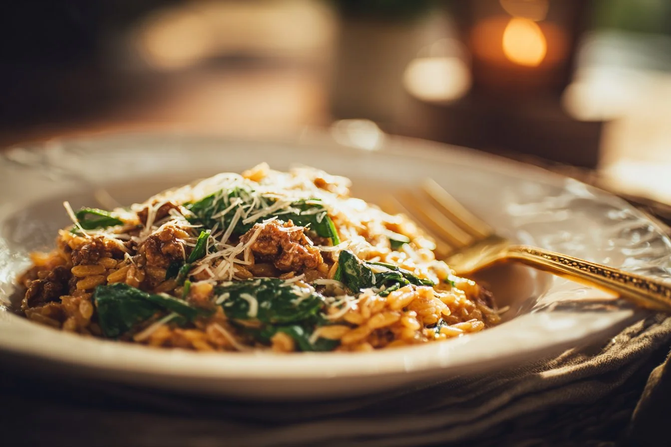 Creamy Italian sausage orzo dish garnished with parsley and served in a bowl.