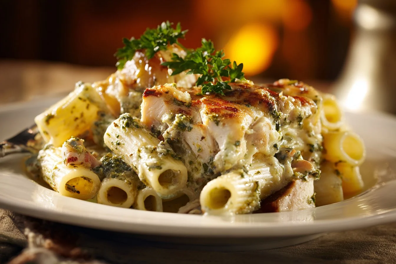 Creamy pesto chicken pasta served in a bowl with fresh basil garnish