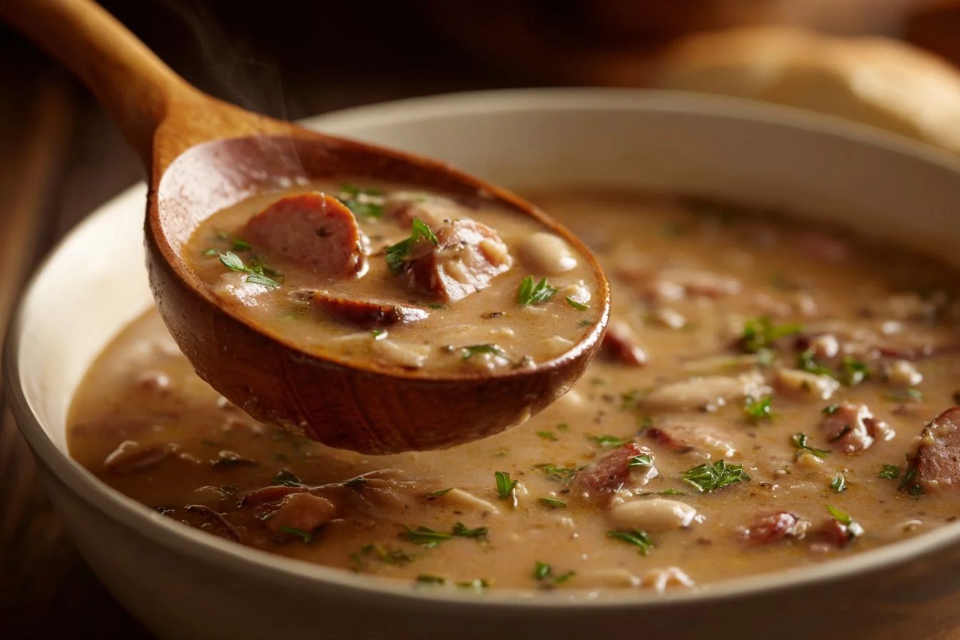 Bowl of creamy tortellini soup with sausage and fresh herbs
