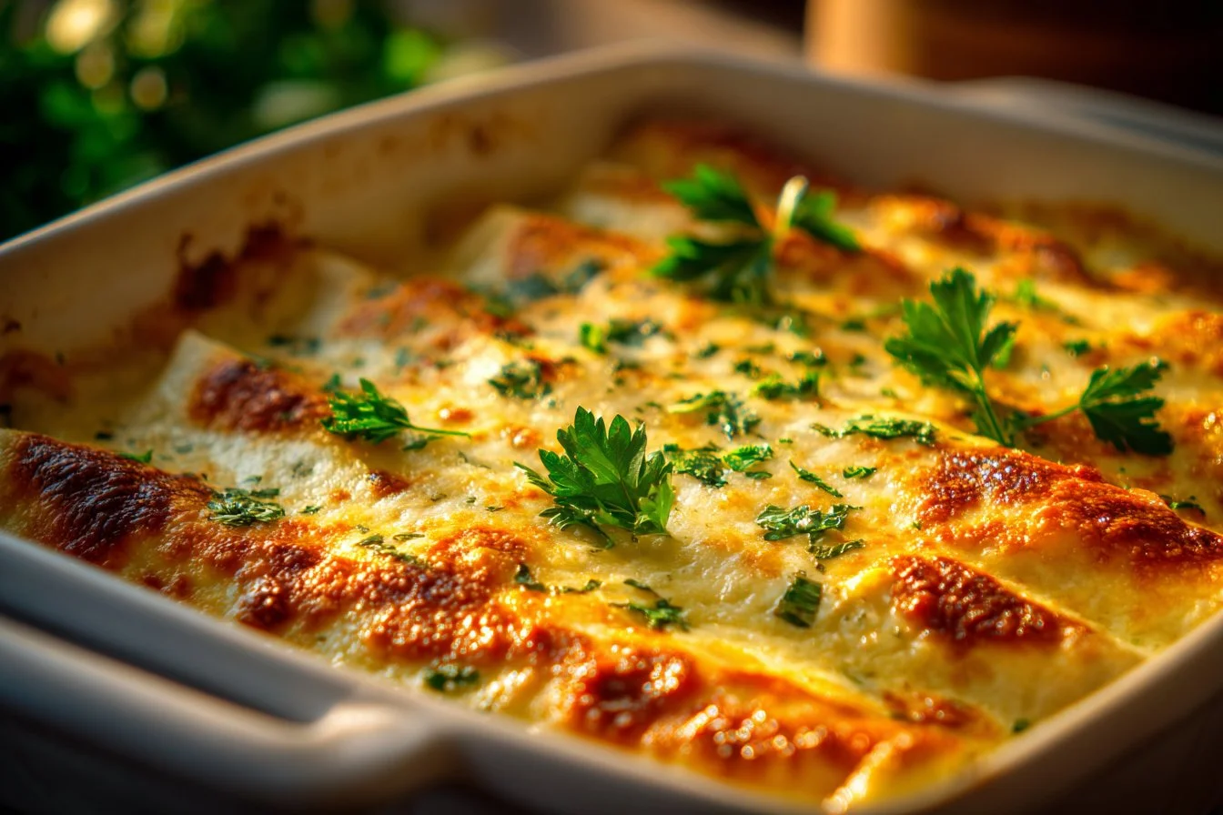 Creamy white chicken enchiladas topped with cheese and garnished with cilantro