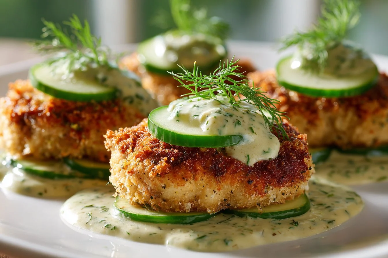 Crispy dill pickle parmesan chicken on a serving plate garnished with fresh herbs.