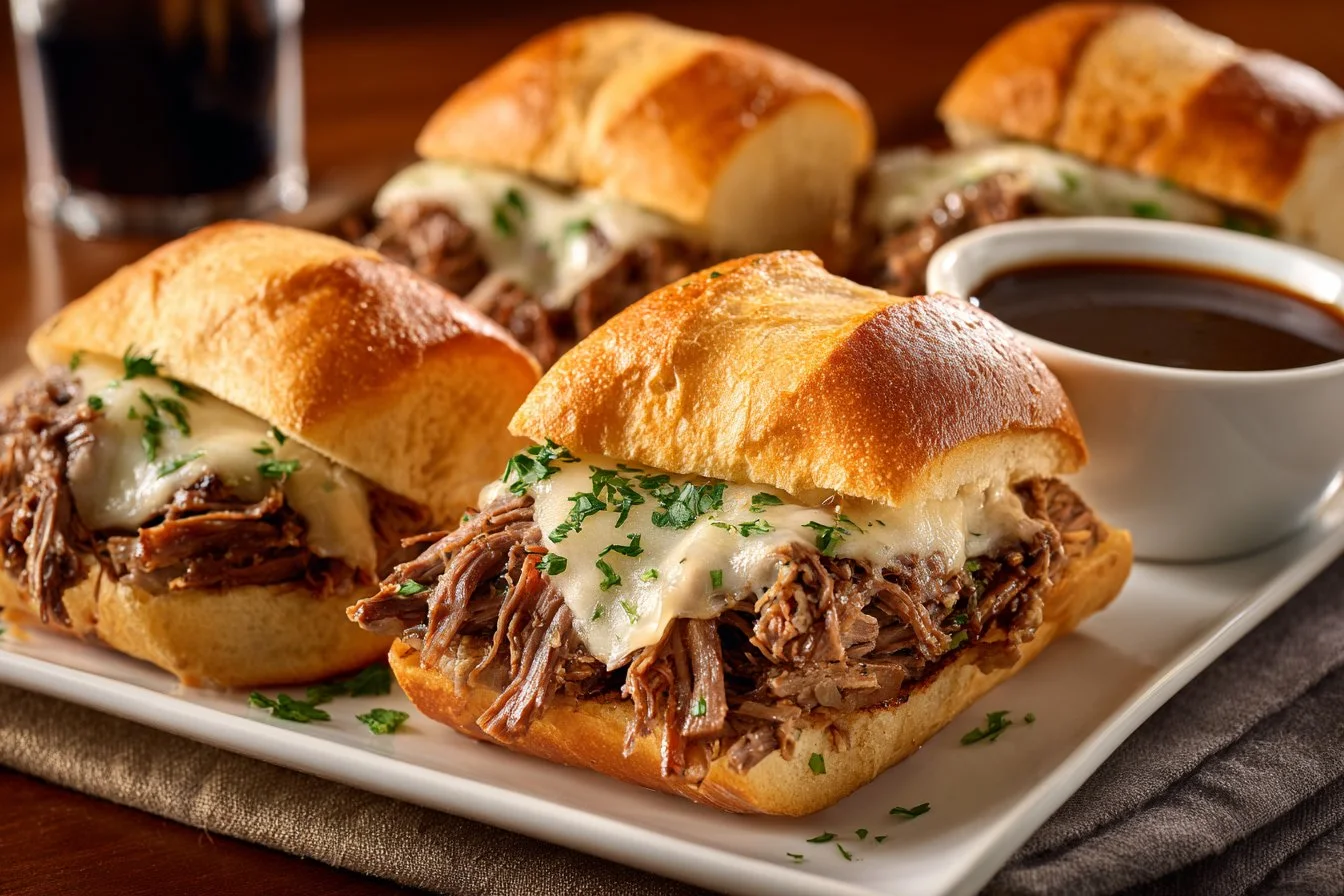 Crockpot French dip sandwiches served with savory au jus for dipping.