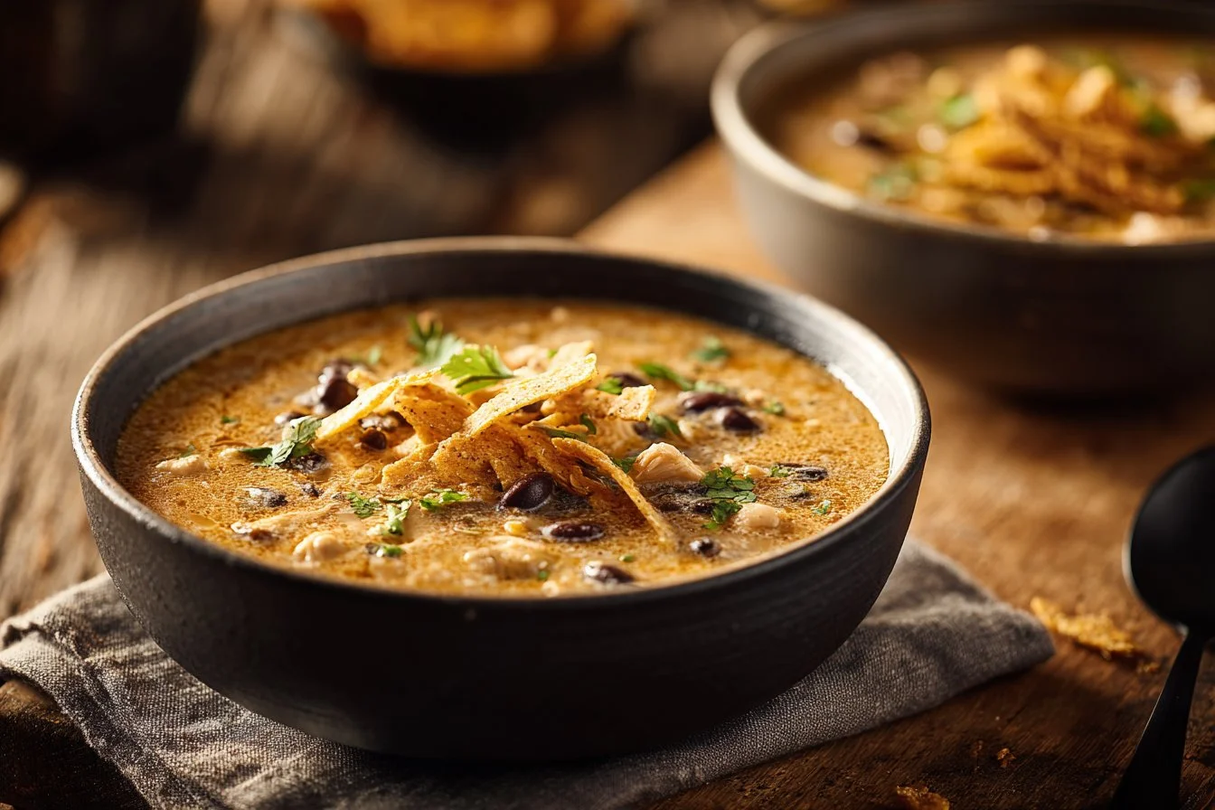 Bowl of Crockpot White Chicken Chili garnished with cilantro and lime
