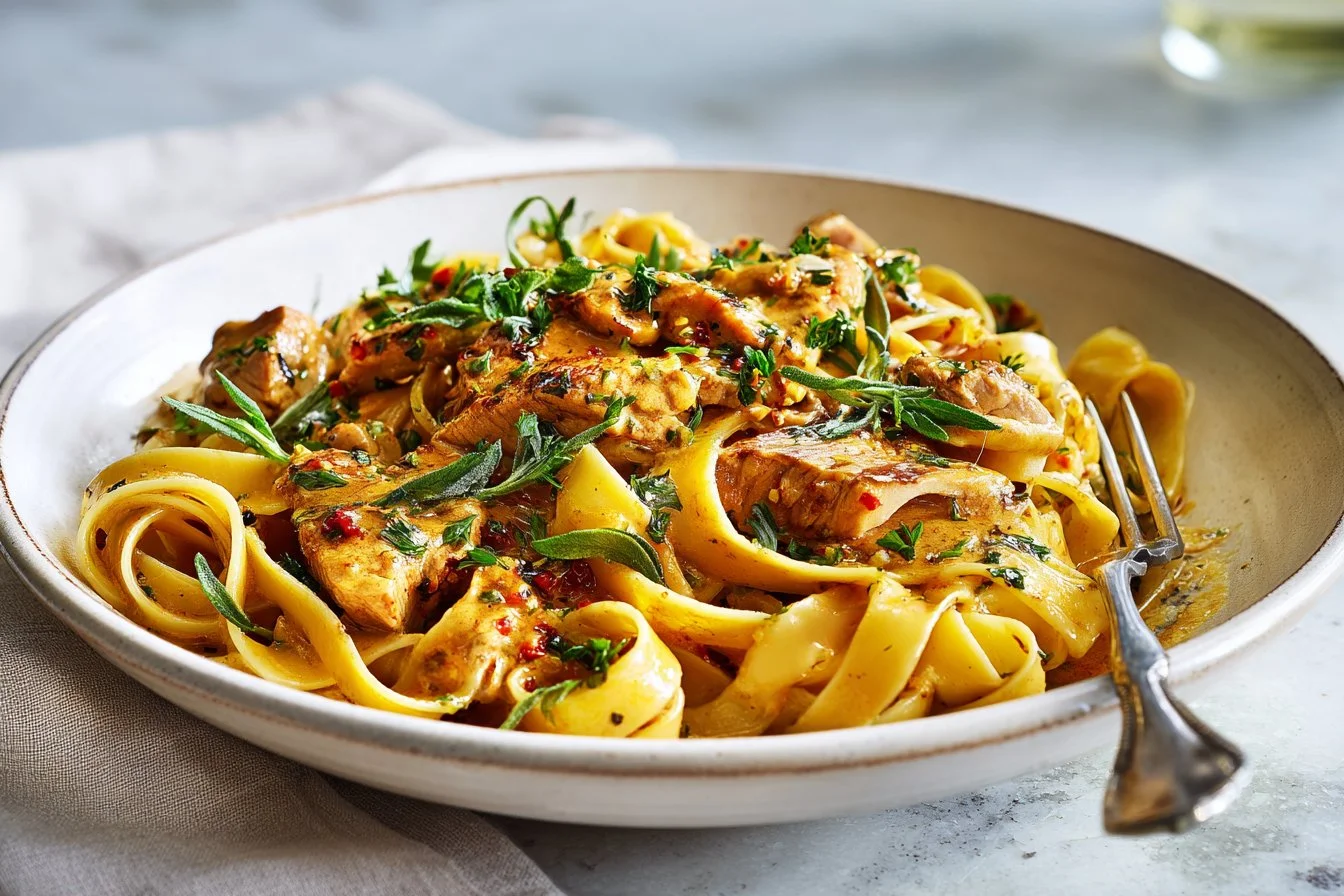 Dairy Free Chicken Alfredo dish with pasta and chicken in a creamy sauce