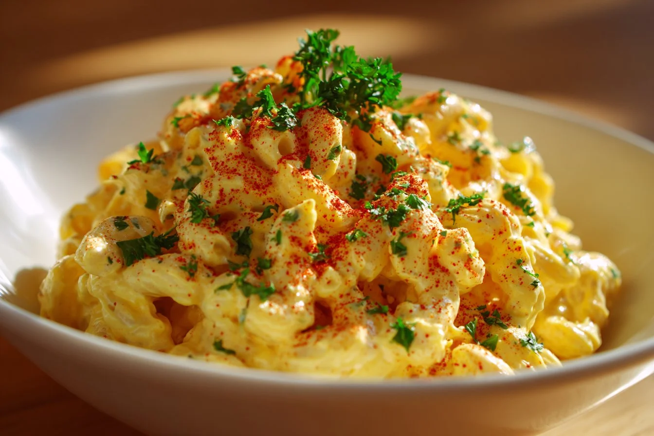 Delicious deviled egg macaroni salad in a serving bowl.