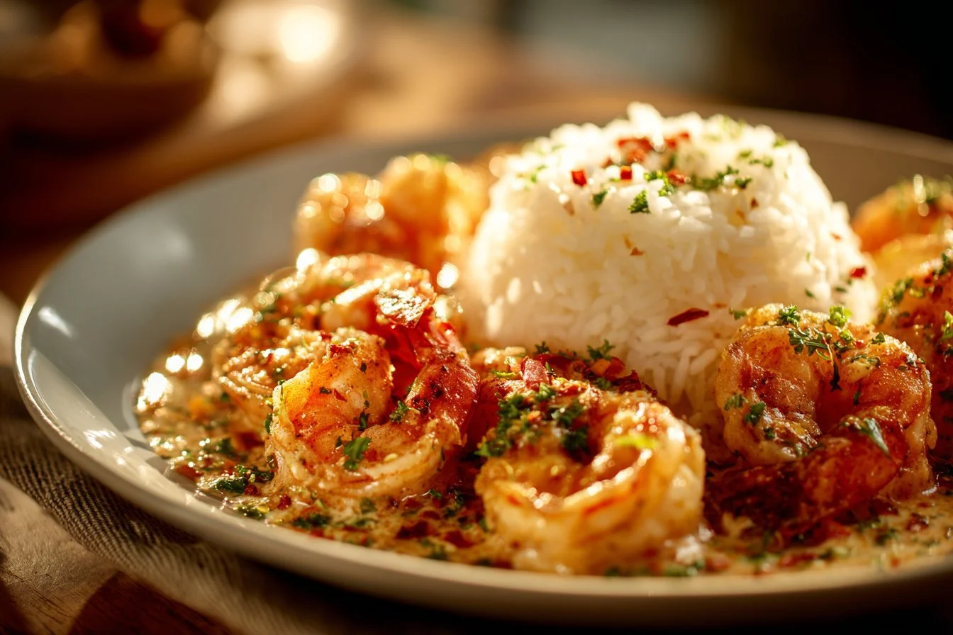Plate of easy creamy garlic shrimp with parsley garnish