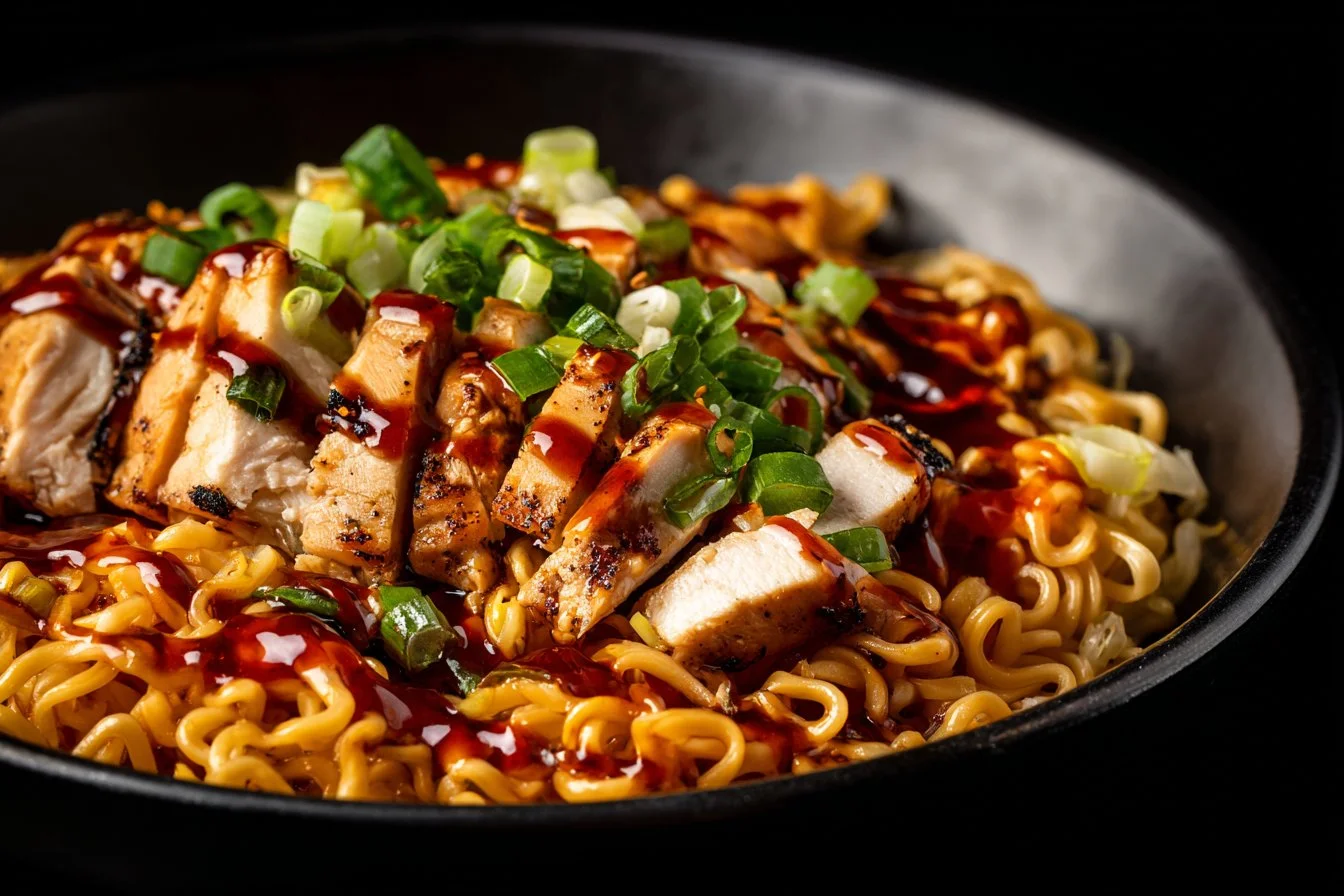 Fiery chicken ramen garnished with herbs and creamy garlic sauce in a bowl