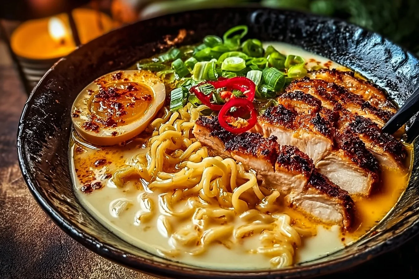 Fiery Chicken Ramen with Creamy Garlic Sauce