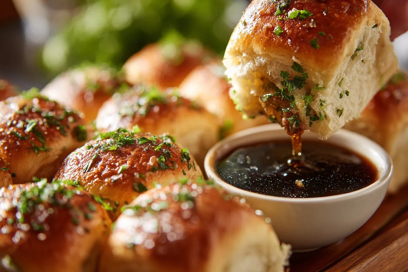 French Dip Sliders served with au jus for dipping