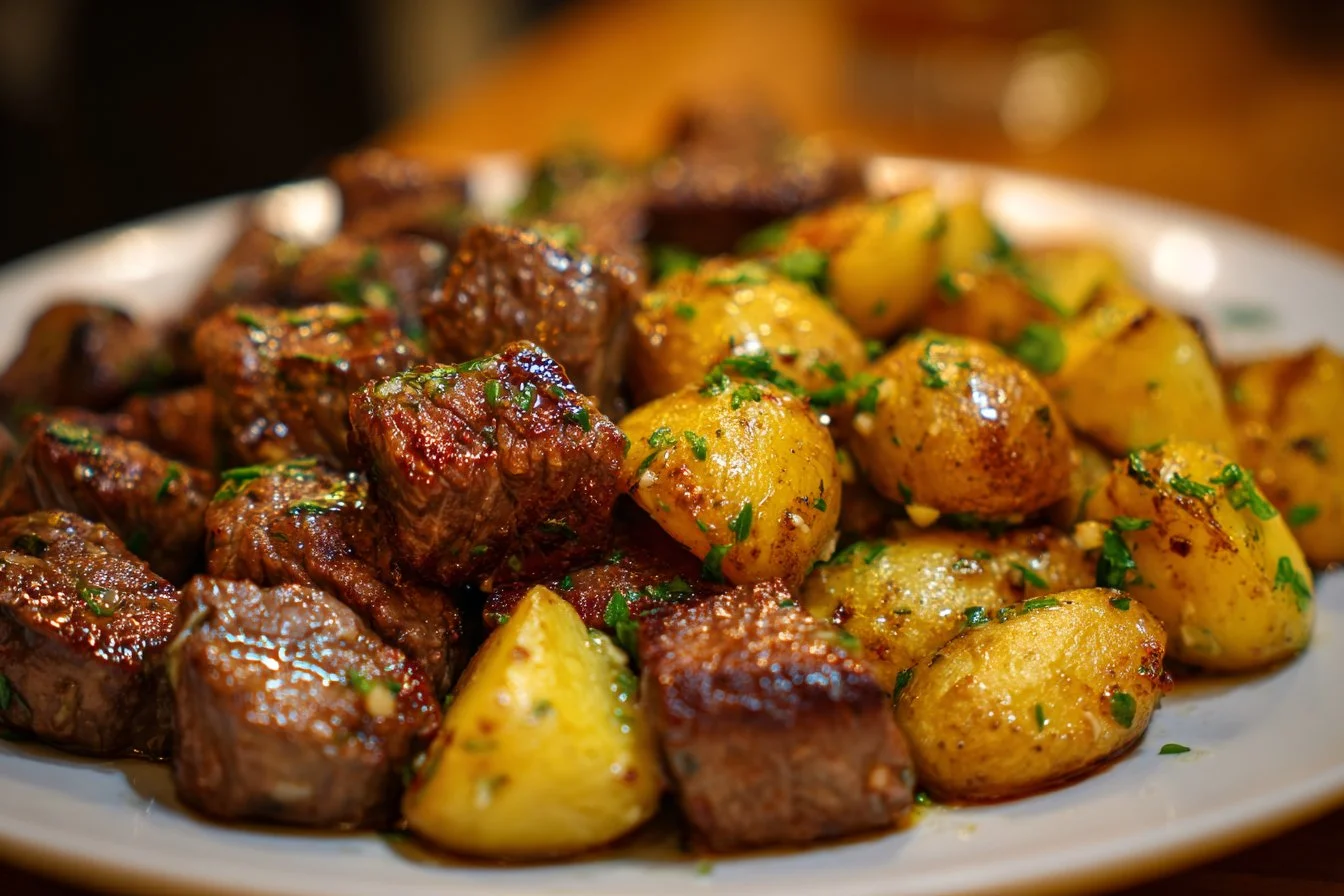 Garlic Butter Beef Bites served with crispy potatoes