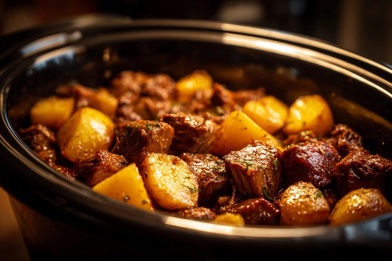 Delicious Garlic Butter Beef Bites served with crispy potatoes