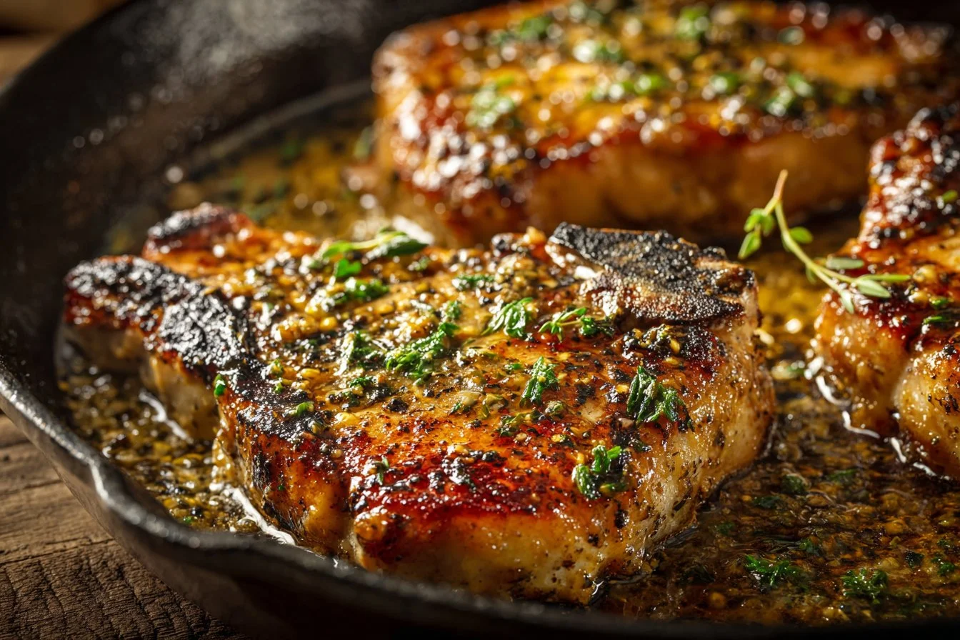 Delicious garlic butter pan-seared pork chops served with herbs.