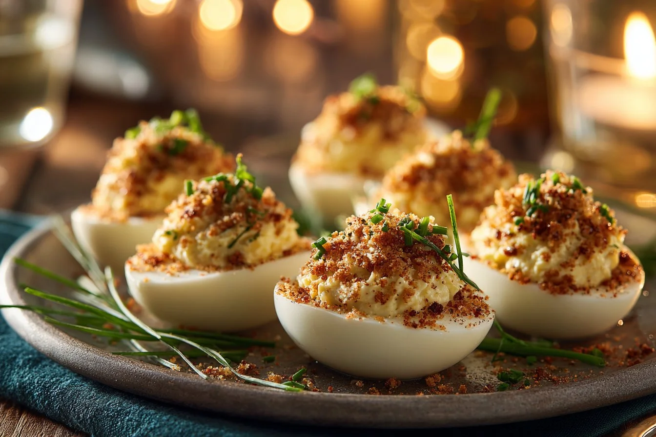 Delicious Garlic Parmesan Deviled Eggs served on a platter.